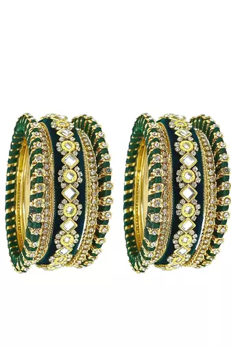 9blings set of 10 gold plated green velvet silk thread chuda set