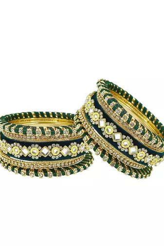 9blings set of 10 gold plated green velvet silk thread chuda set