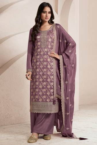 Purple embroidered jacquard semi-stitched pakistani salwar suit