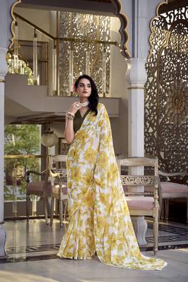Yellow Marbal Foral Printed Saree 1