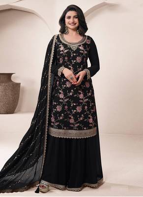 Black embroidered chinon semi-stitched palazzo style salwar suit 1