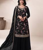 Black embroidered chinon semi-stitched palazzo style salwar suit