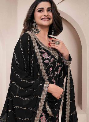 Black embroidered chinon semi-stitched palazzo style salwar suit 2