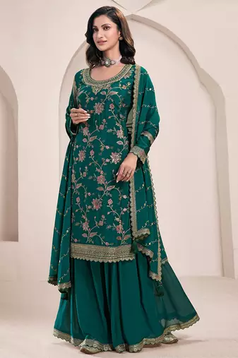 Green embroidered chinon semi-stitched palazzo style salwar suit