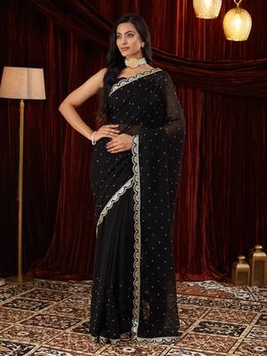Pure georgette black beads and stones embellished sarees 1