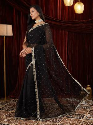 Pure georgette black beads and stones embellished sarees 3