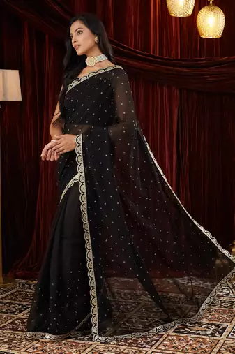 Pure georgette black beads and stones embellished sarees