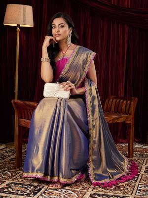 Cotton silk blue sequinned embellished saree 1
