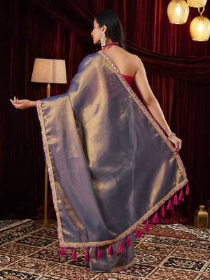 Cotton silk blue sequinned embellished saree 2