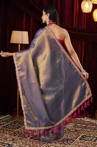 Cotton silk blue sequinned embellished saree