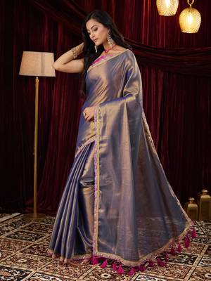 Cotton silk blue sequinned embellished saree 3