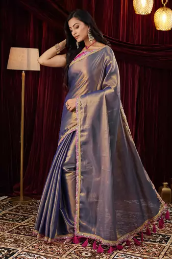 Cotton silk blue sequinned embellished saree