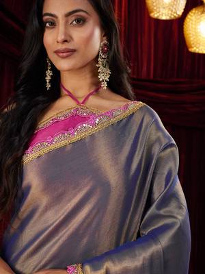 Cotton silk blue sequinned embellished saree 5