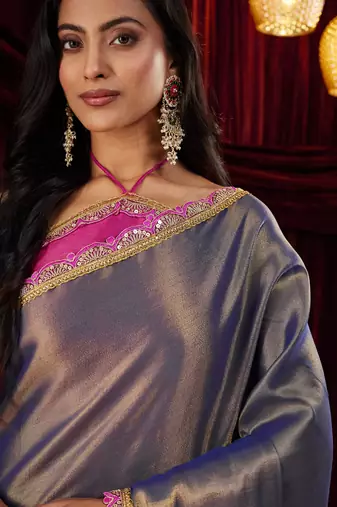 Cotton silk blue sequinned embellished saree