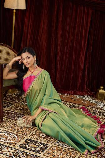 Cotton silk green sequinned embellished saree