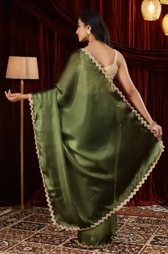 Organza green sequinned embellished saree