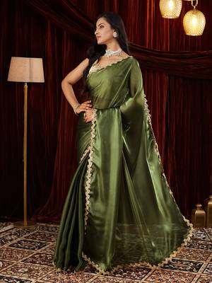 Organza green sequinned embellished saree 3