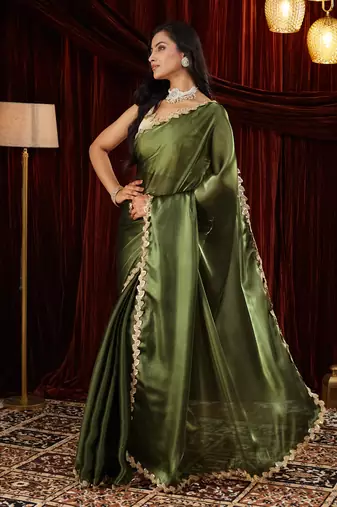 Organza green sequinned embellished saree
