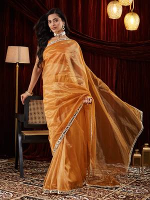 Organza gold mirror work embellished saree 1