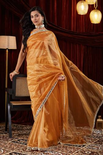 Organza gold mirror work embellished saree
