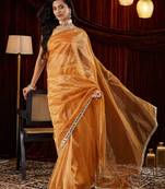 Organza gold mirror work embellished saree