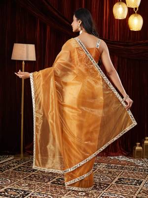 Organza gold mirror work embellished saree 2