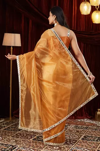 Organza gold mirror work embellished saree