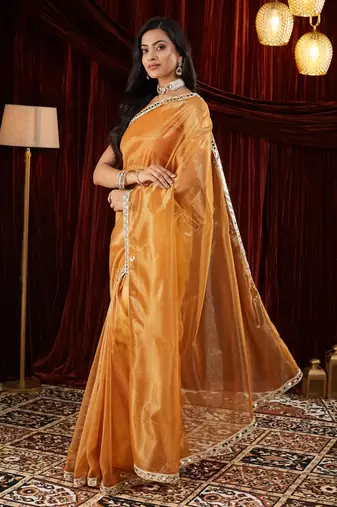Organza gold mirror work embellished saree