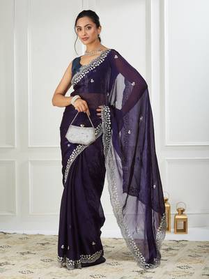 Purple embroidered silk blend saree 1