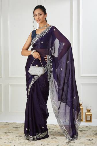 Purple embroidered silk blend saree