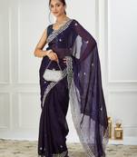 Purple embroidered silk blend saree