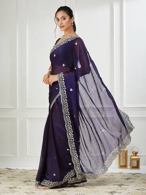 Purple embroidered silk blend saree 3