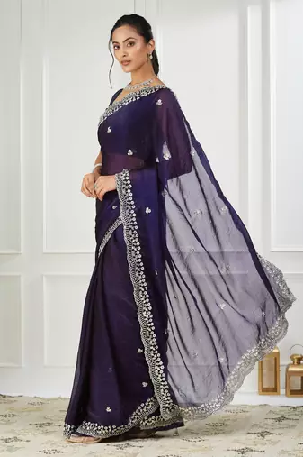 Purple embroidered silk blend saree