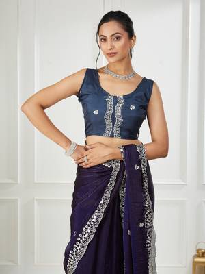 Purple embroidered silk blend saree 4