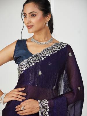 Purple embroidered silk blend saree 5
