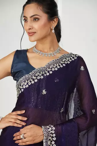 Purple embroidered silk blend saree