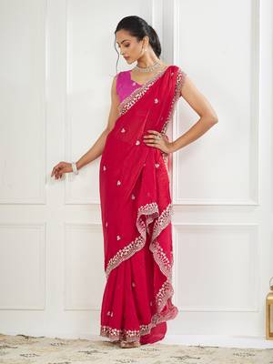 Pink embroidered silk blend saree 1