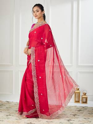 Pink embroidered silk blend saree 3