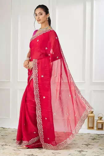 Pink embroidered silk blend saree