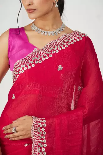 Pink embroidered silk blend saree