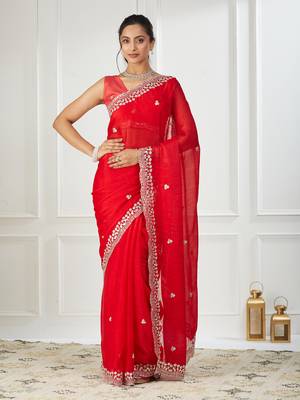 Red embroidered silk blend saree 1