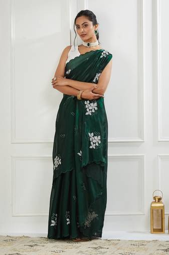 Organza green embroidered saree