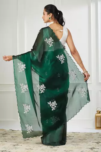 Organza green embroidered saree