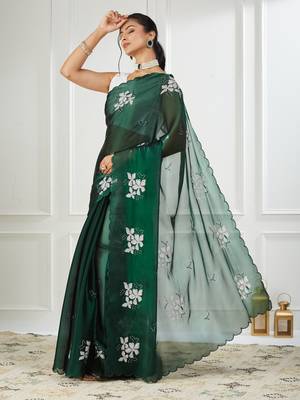 Organza green embroidered saree 3