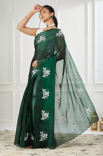 Organza green embroidered saree
