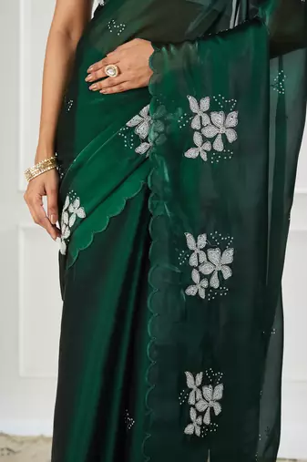 Organza green embroidered saree