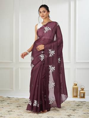 Organza magenta embroidered saree 1