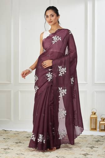 Organza magenta embroidered saree