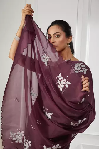 Organza magenta embroidered saree