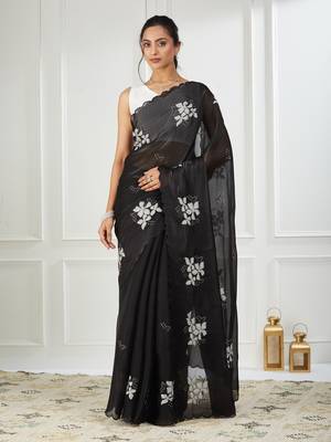 Organza black embroidered saree 1